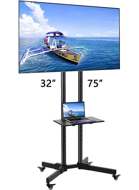 Adjustable Height Rolling TV Cart with Lockable Wheels – Fits 32-75 Inch LED Flat Screens, Heavy-Duty AV Stand with Mount, Holds Up to 50KG (Max VESA 600x400mm)